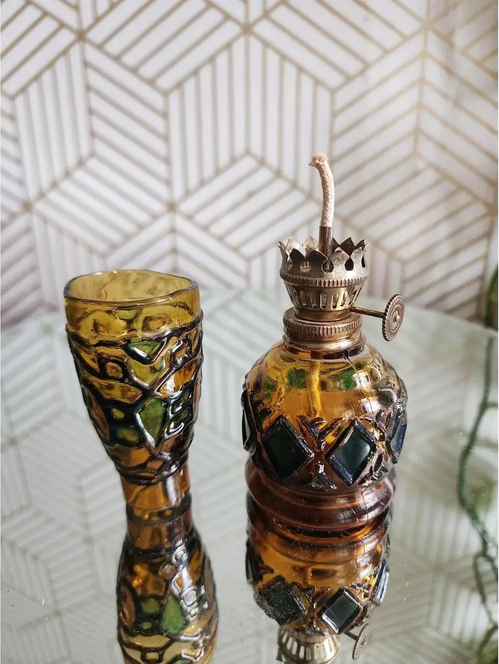 Vintage Faux Stained Glass Amber Small 2pc Oil Lamp - Hong Kong